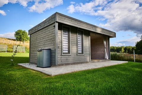 Altana, domek ogrodowy z tarasem, całoroczny 3x6m, uzbrojony z wyposażeniem