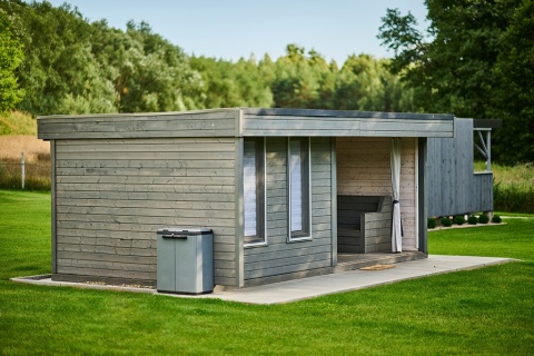 Altana, domek ogrodowy z tarasem, całoroczny 3x6m, uzbrojony z wyposażeniem